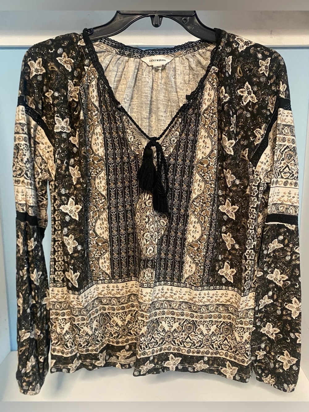Lucky Brand cottagecore Lace Inset Split Neck boho Peasant Blouse, M